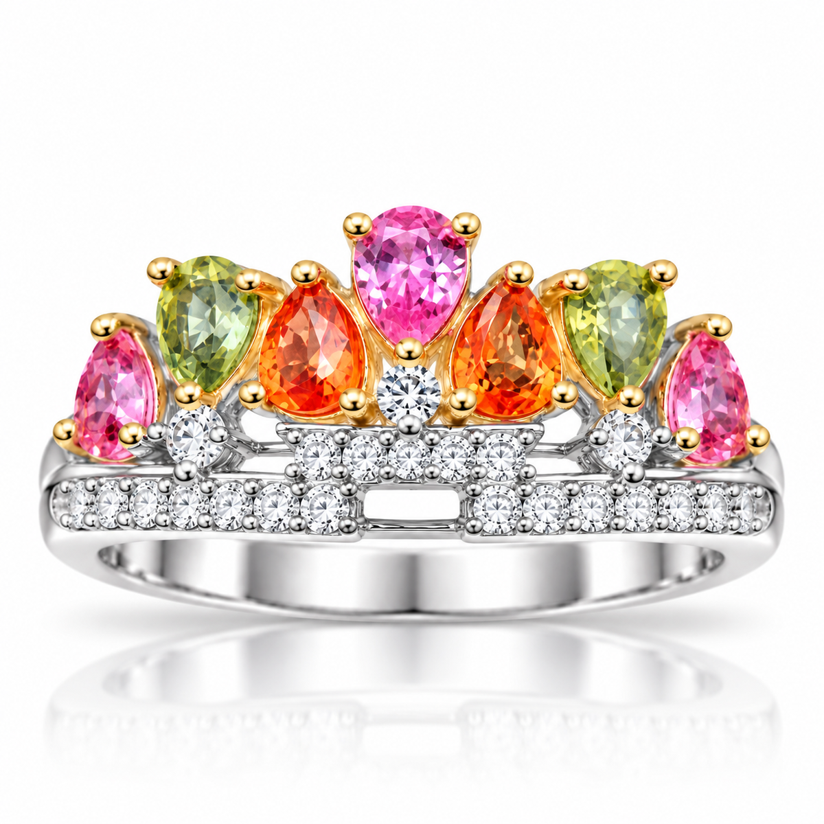 Front view of 3x4mm multicolor sapphire ring with colorful natural sapphire gemstones