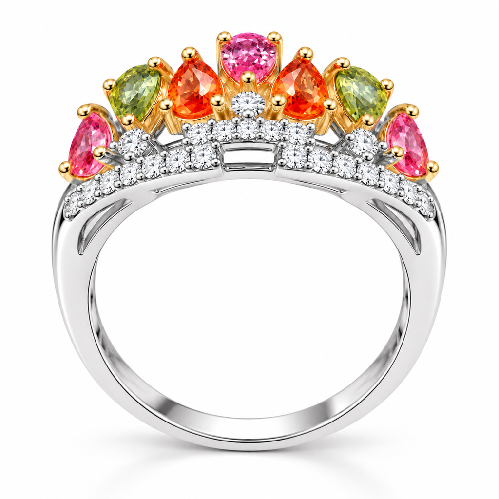 Side profile of 3x4mm multicolor sapphire ring showing detailed sterling silver setting