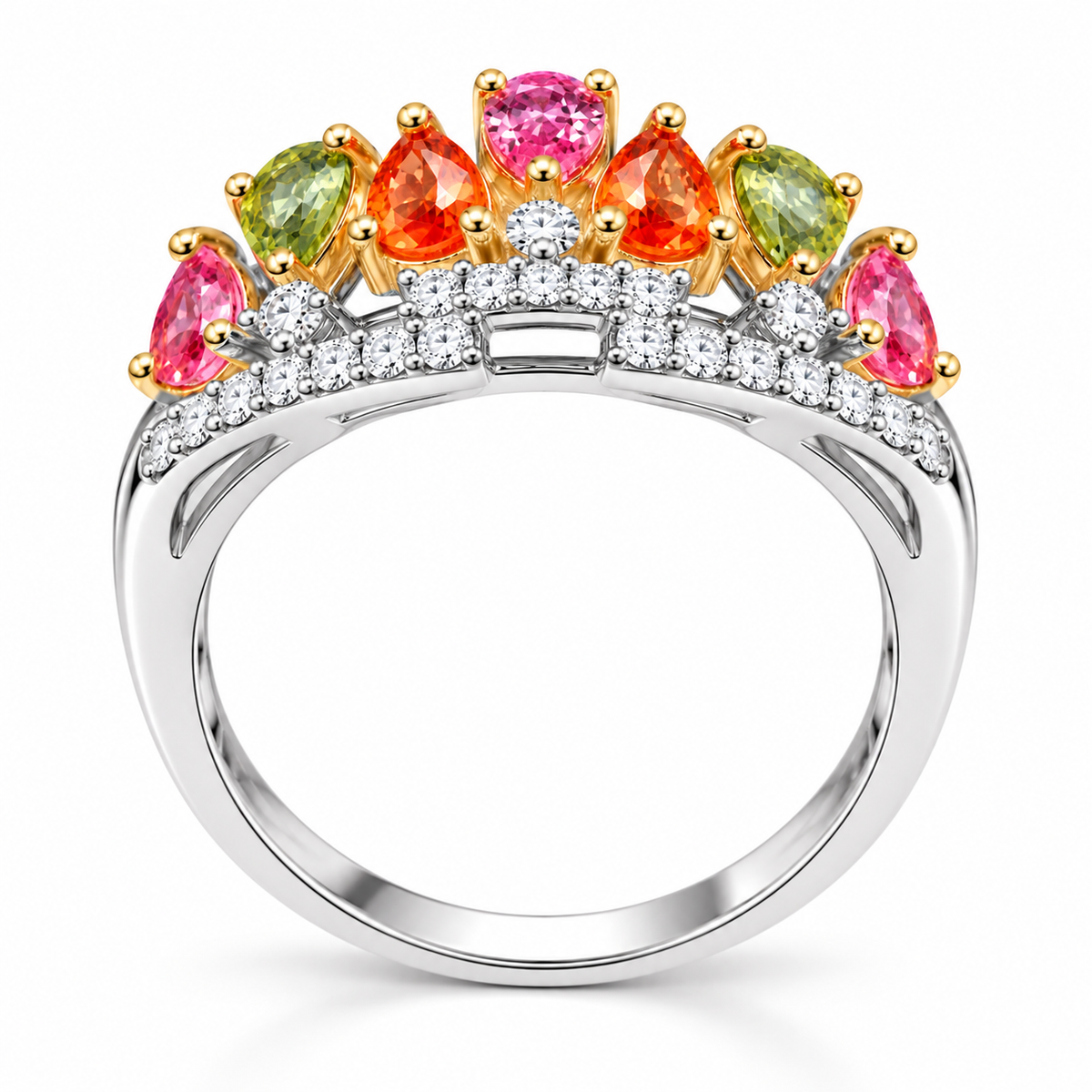Side profile of 3x4mm multicolor sapphire ring showing detailed sterling silver setting