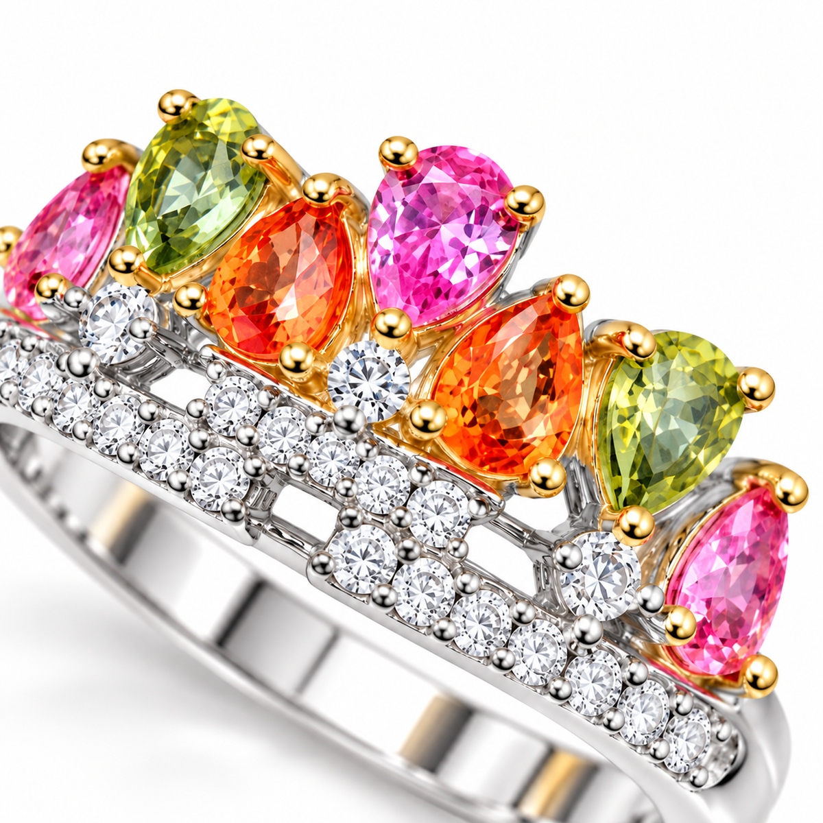 Macro view of 3x4mm natural multicolor sapphire gemstones and detailed ring setting