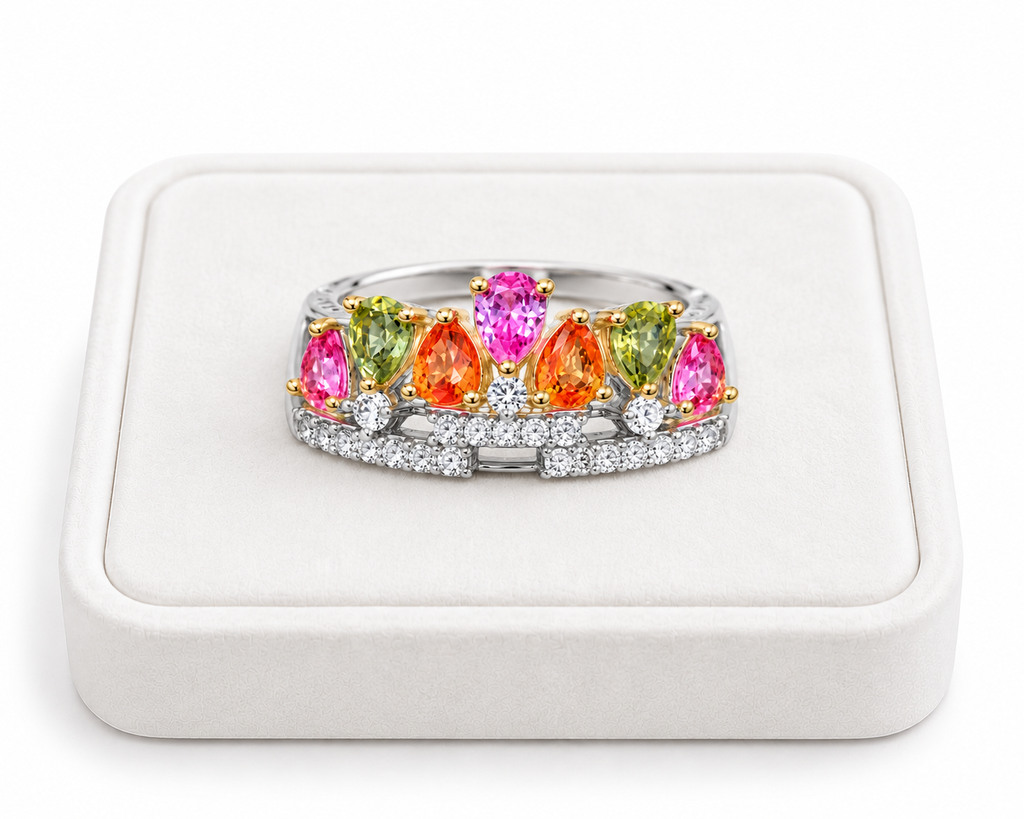 3x4mm natural multicolor sapphire ring displayed on a white velvet jewelry tray