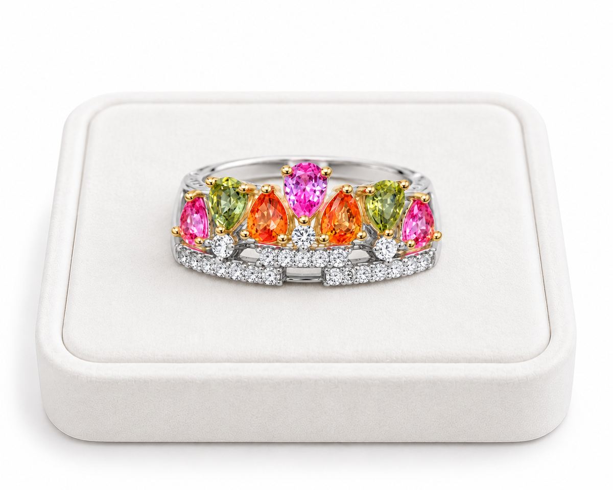 3x4mm natural multicolor sapphire ring displayed on a white velvet jewelry tray