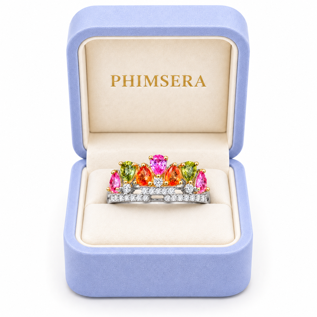3x4mm natural multicolor sapphire ring presented in a Phimsera jewelry gift box