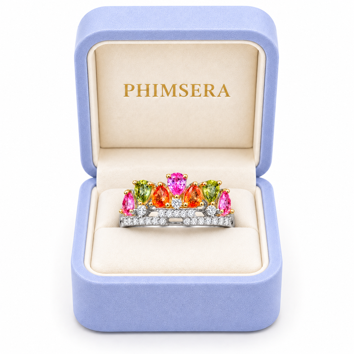 3x4mm natural multicolor sapphire ring presented in a Phimsera jewelry gift box