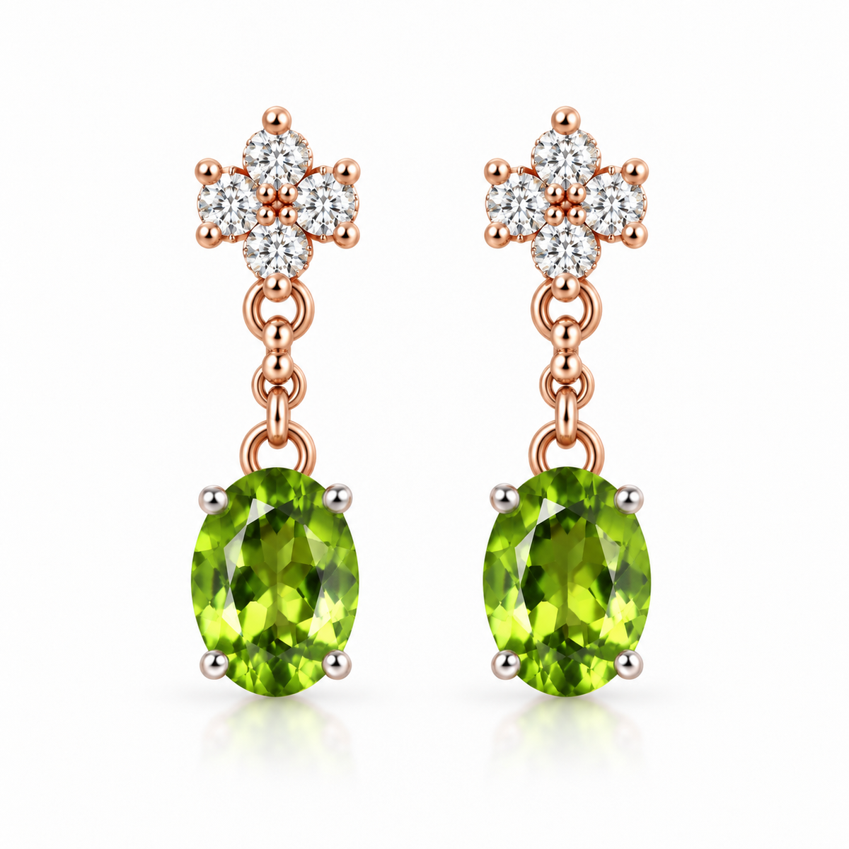 Natural 6x8mm peridot drop earrings with 1.5 carat gemstones in rose gold plated sterling silver