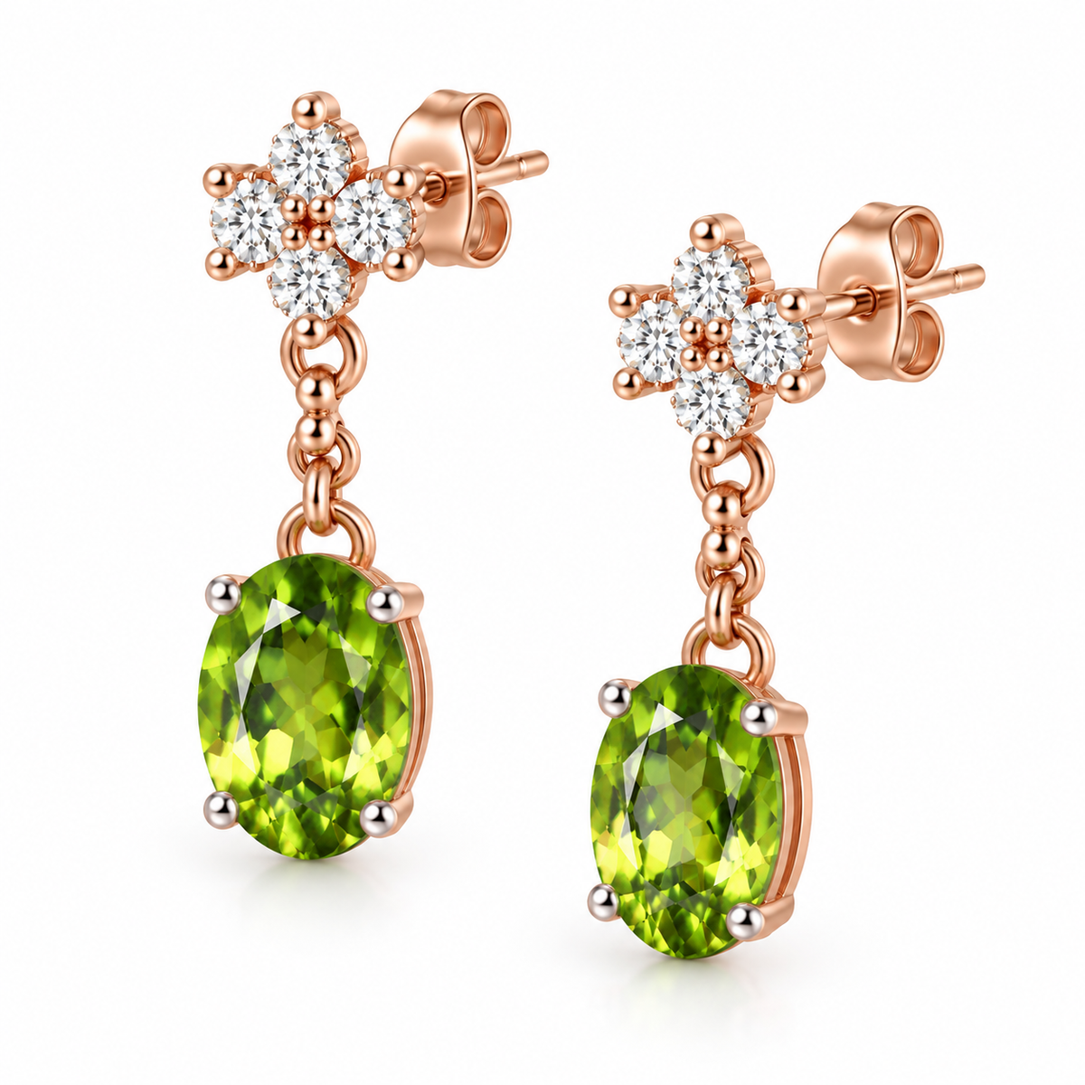 Natural 6x8mm oval peridot earrings with sparkling floral accent stones