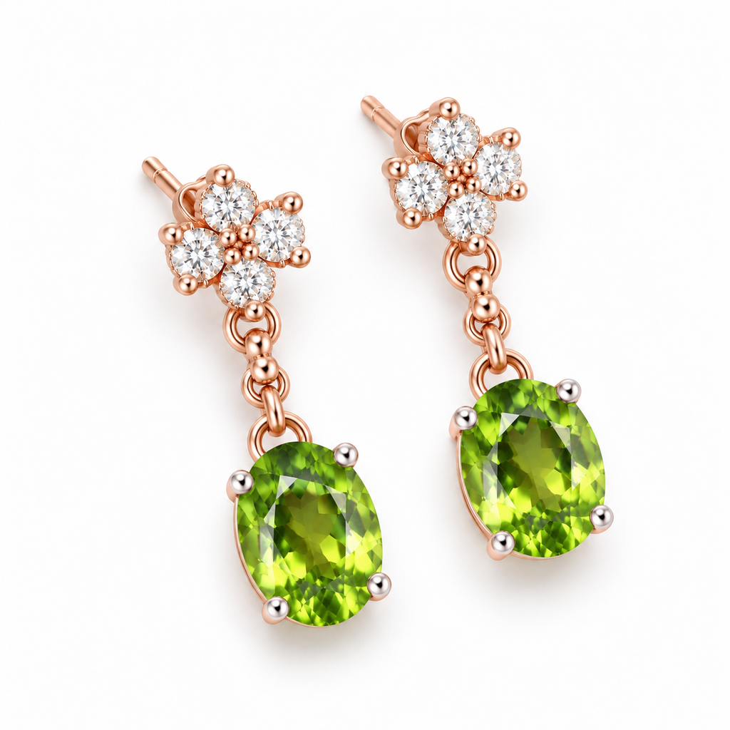 Natural peridot drop earrings featuring vibrant green 6x8mm faceted gemstones