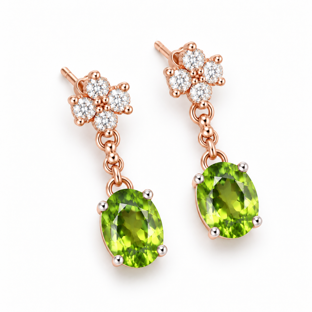 Natural peridot drop earrings featuring vibrant green 6x8mm faceted gemstones