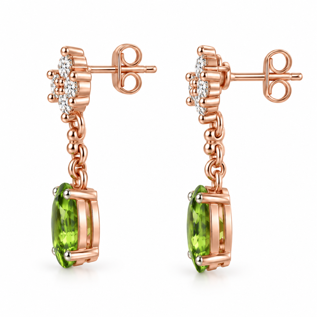 Side profile of 6x8mm natural peridot drop earrings showing sterling silver setting and earring posts