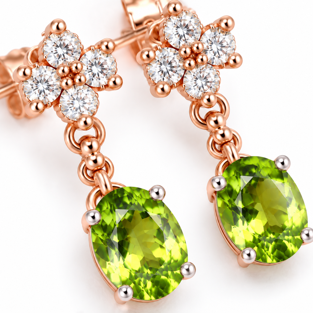 Macro close-up of natural 6x8mm peridot gemstones with vivid green faceted detail