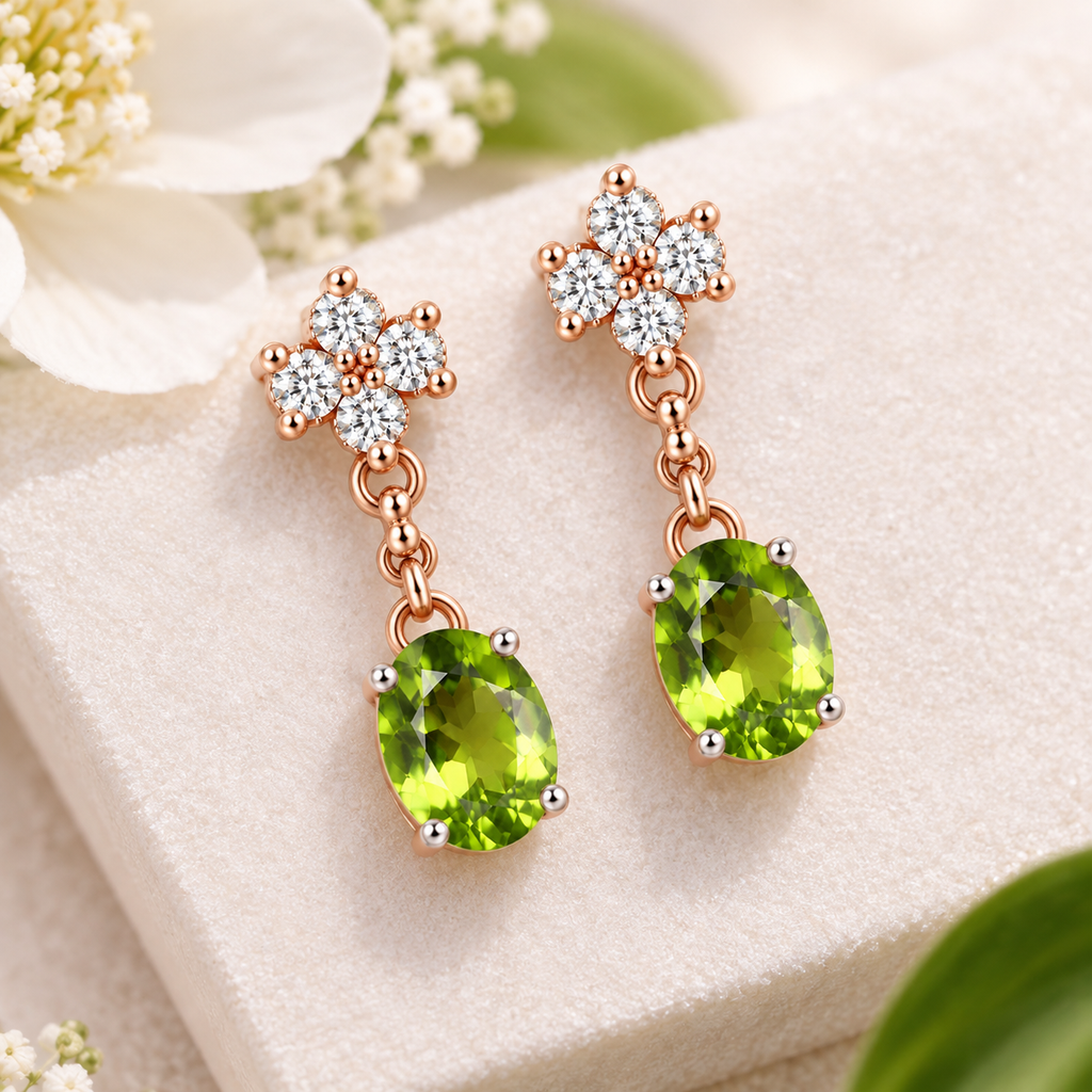 Natural 6x8mm peridot birthstone drop earrings styled as elegant gemstone jewelry