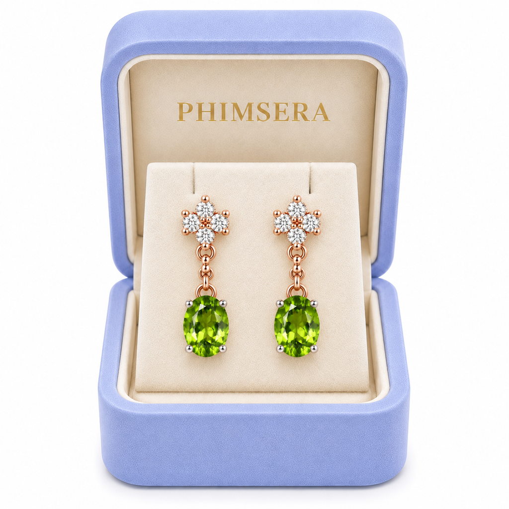 Phimsera natural 6x8mm peridot earrings presented in a jewelry gift box