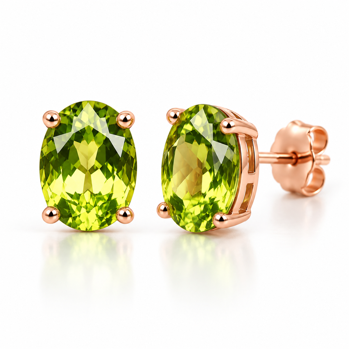 Natural 5x7mm peridot earrings shown from an angled view