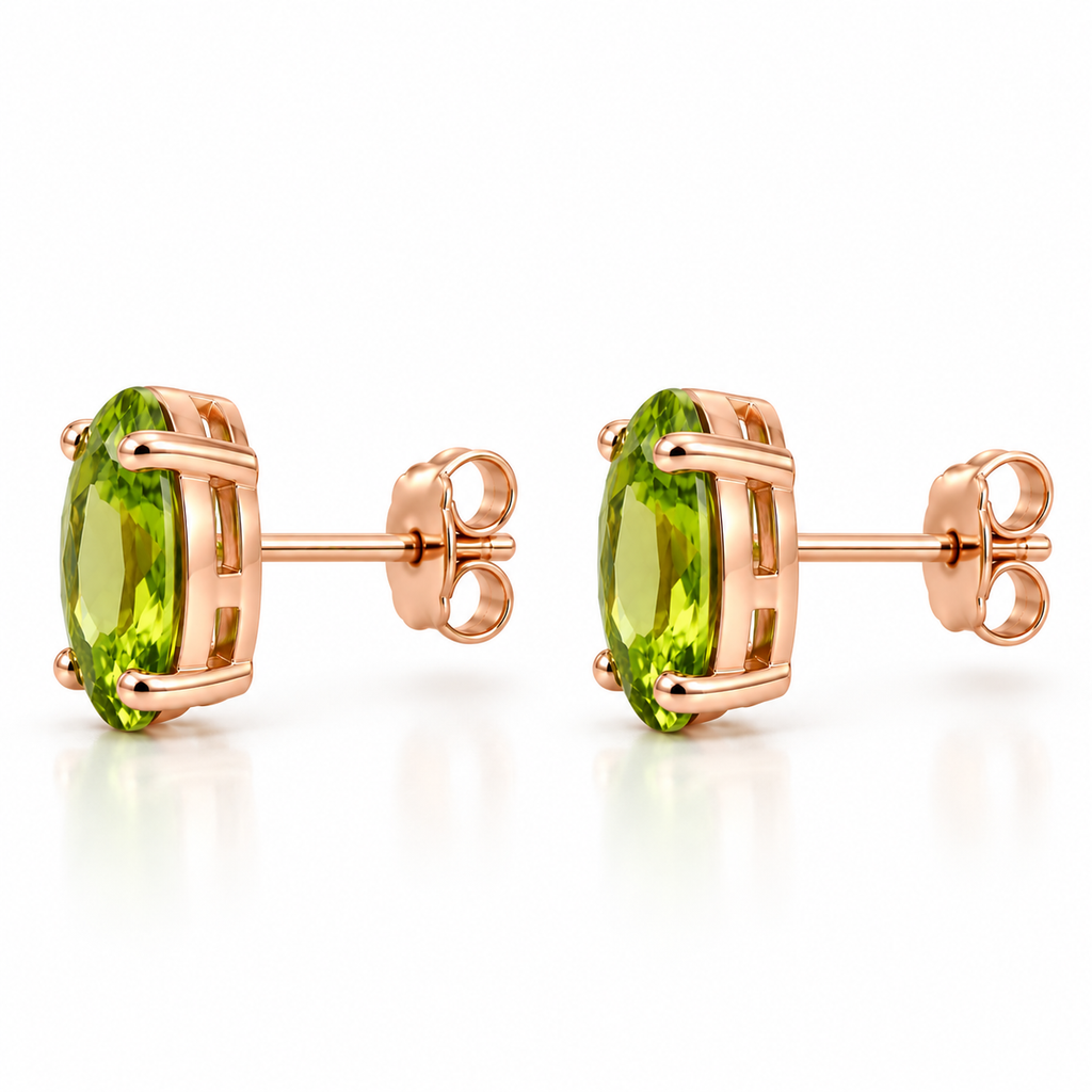 Side profile of 5x7mm natural peridot stud earrings showing the gemstone setting and earring post
