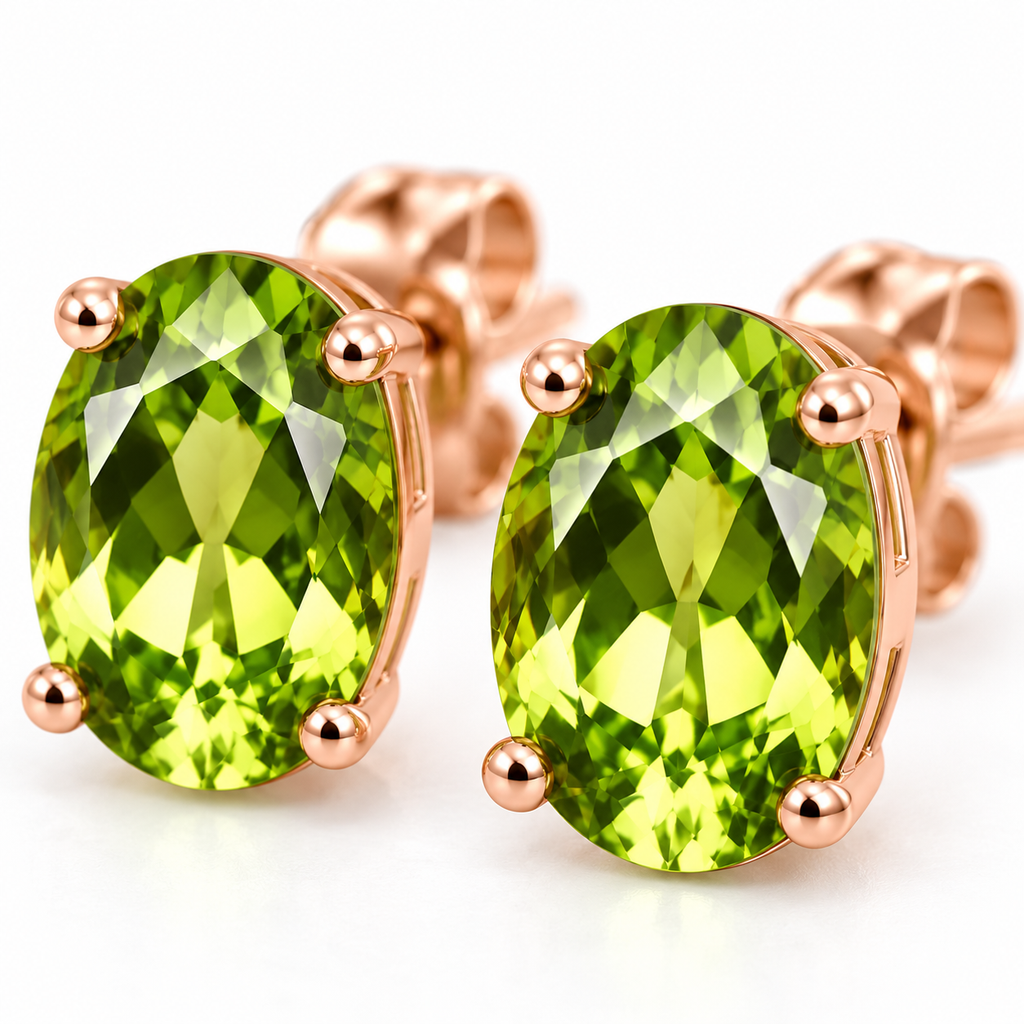 Close-up of 5x7mm natural peridot earrings showing faceted green gemstones and rose gold detailing