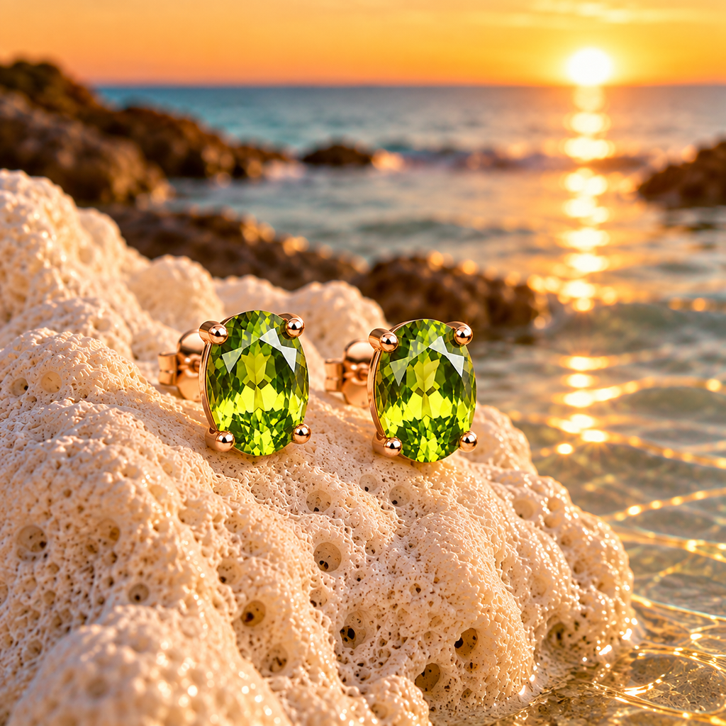 5x7mm natural peridot earrings styled on coral beside the ocean at sunset
