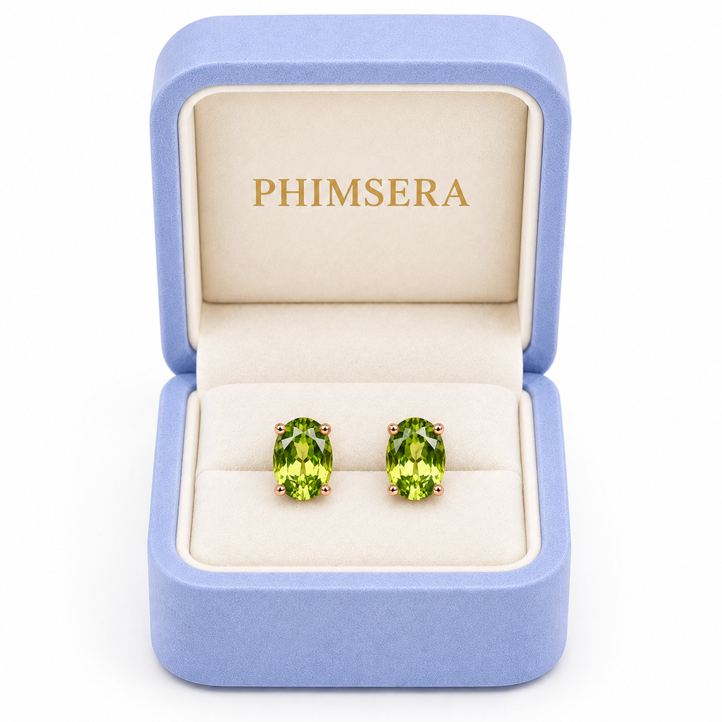 Phimsera 5x7mm natural peridot earrings presented in a jewelry gift box