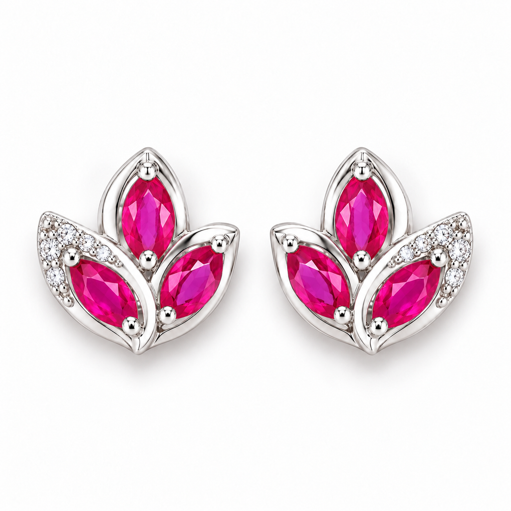 Top-down view of natural pink ruby marquise stud earrings showing the vivid pink faceted gemstones and floral-inspired arrangement.