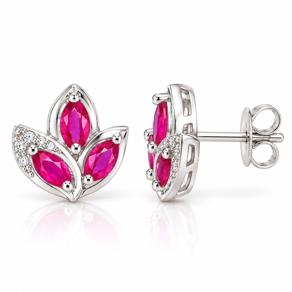 Side profile of natural pink ruby marquise stud earrings displaying the gemstone settings and dimensional floral-inspired design.