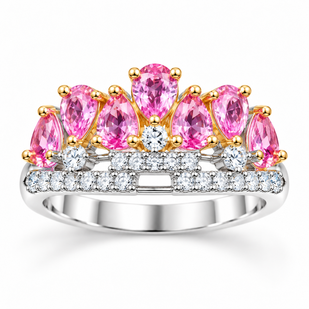 3x4mm pink sapphire crown ring with pear-cut gemstones in 925 sterling silver