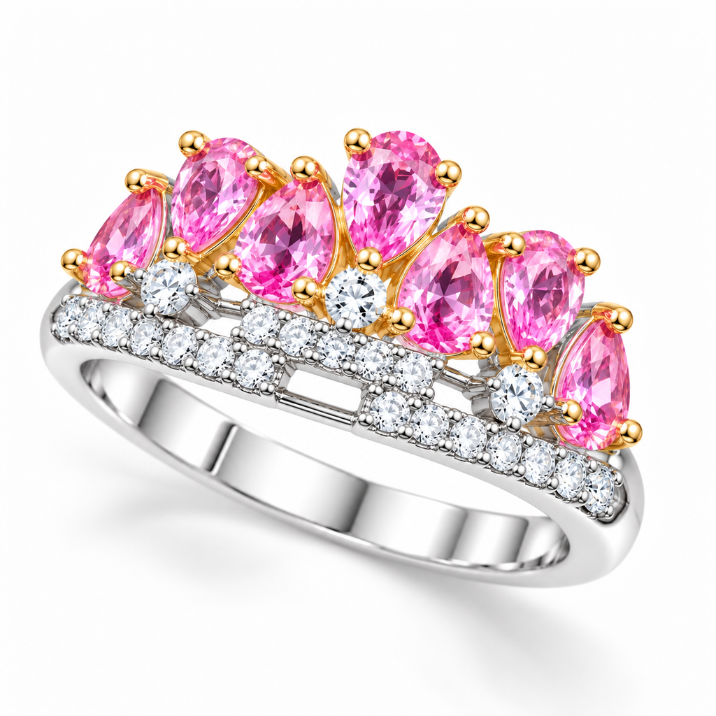 Angled view of 3x4mm pink sapphire crown ring with pear-cut pink gemstones