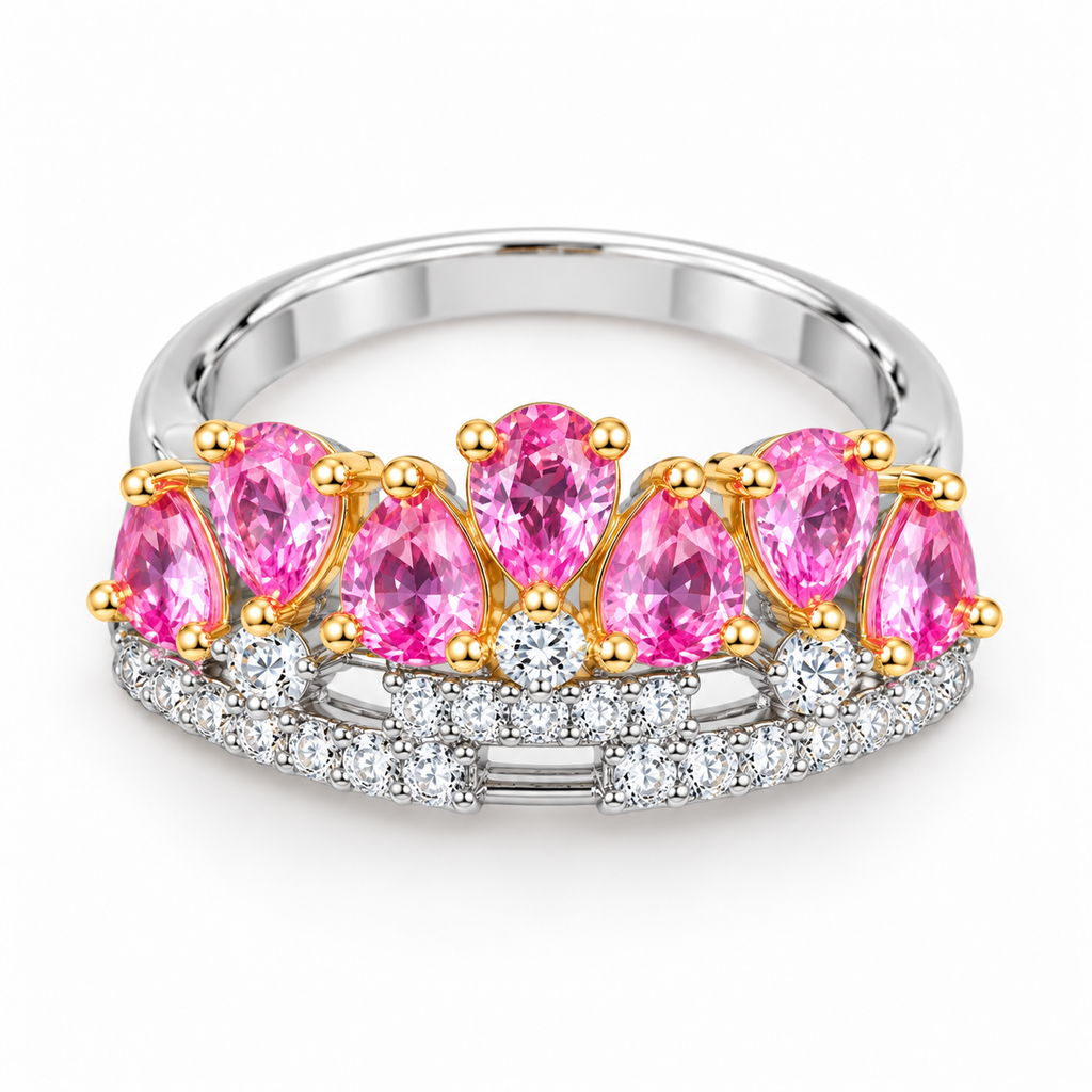 Front view of pink sapphire crown ring featuring 3x4mm pear-cut gemstones