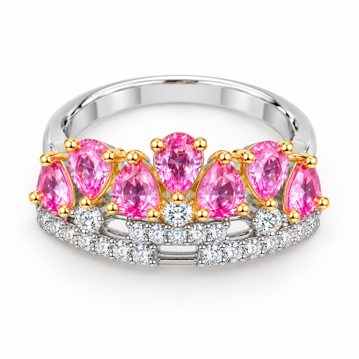 Front view of pink sapphire crown ring featuring 3x4mm pear-cut gemstones