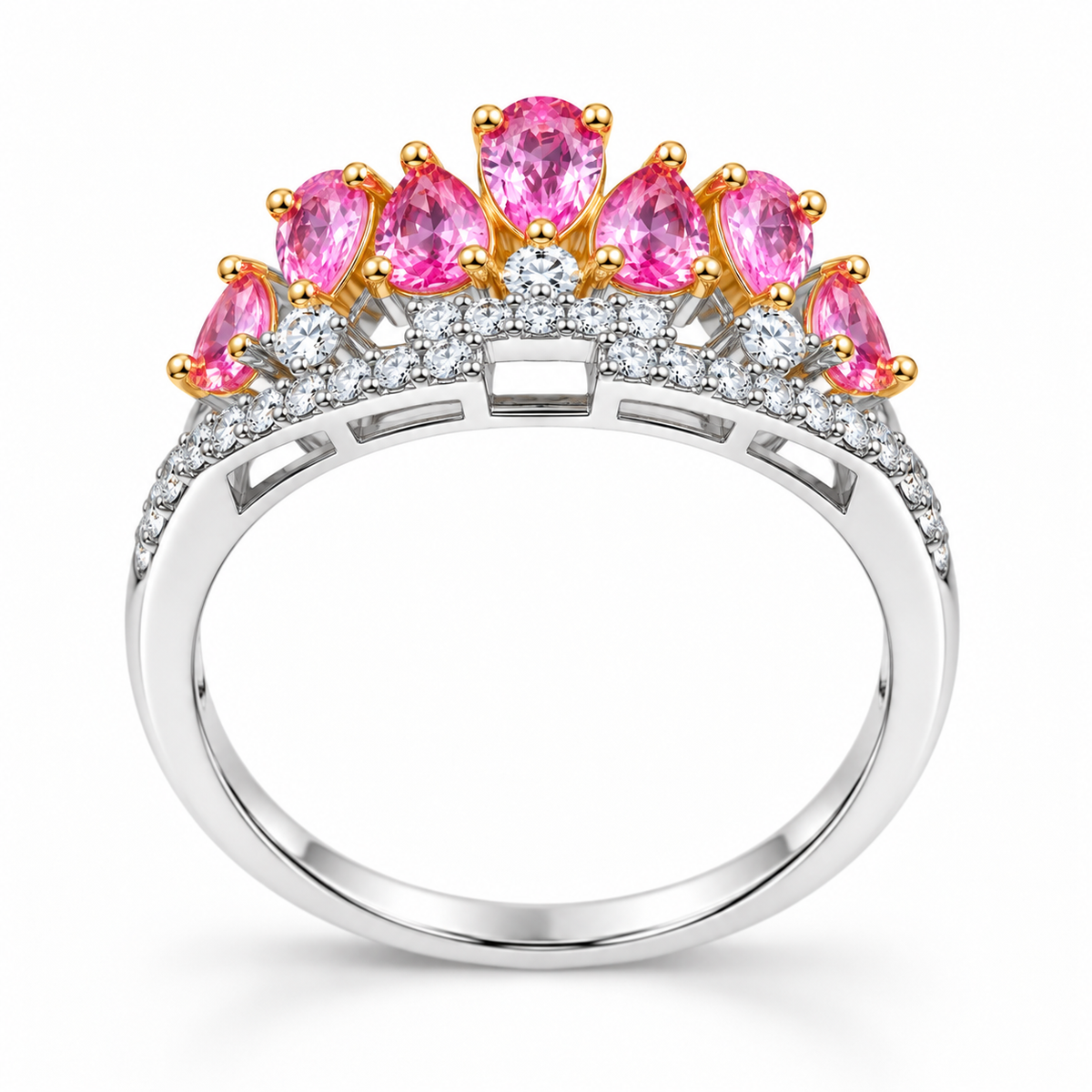 Side profile of 3x4mm pink sapphire crown ring showing detailed raised setting