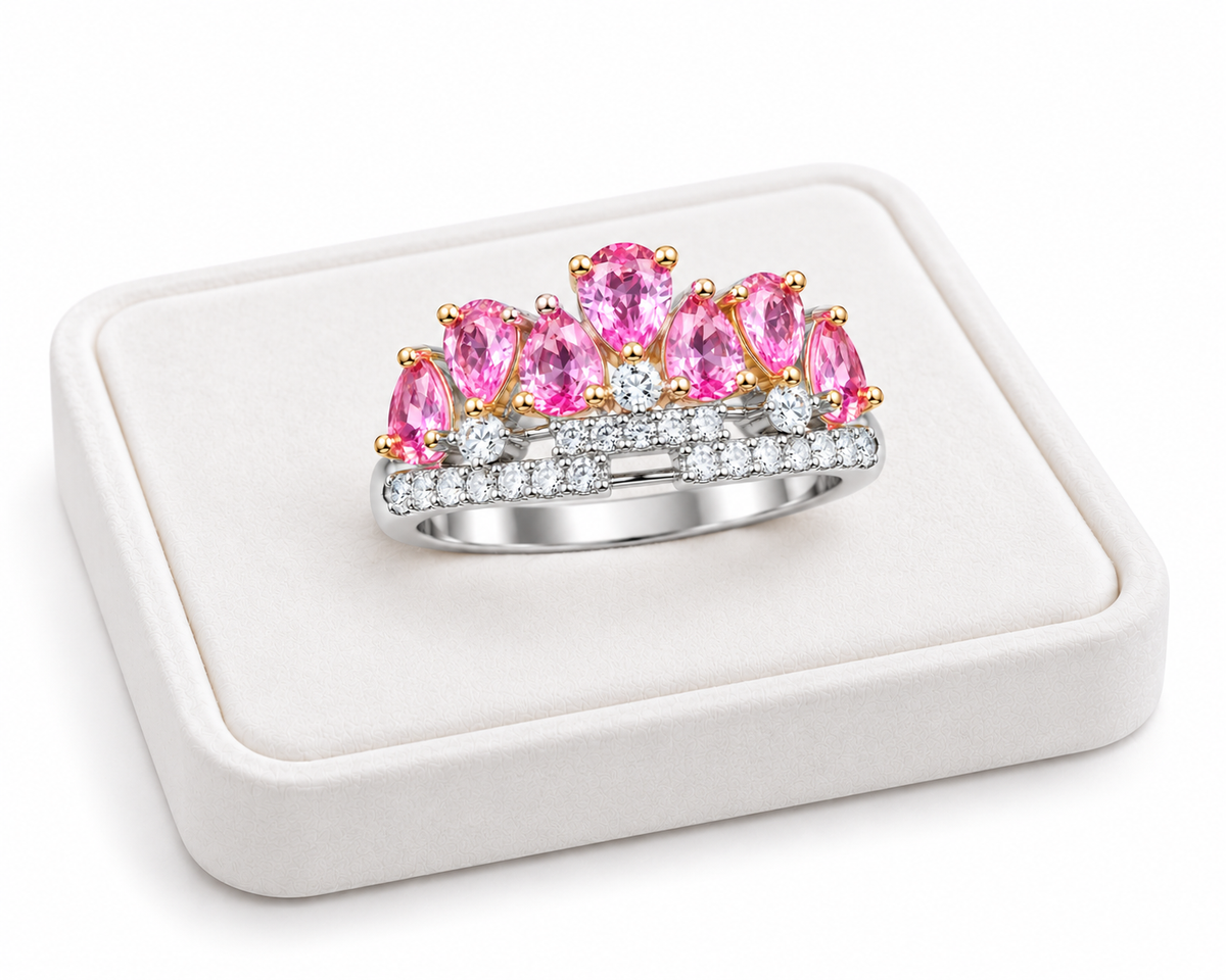 Pink Sapphire Crown Ring 3x4mm Pear Cut | 925 Sterling Silver | Phimsera