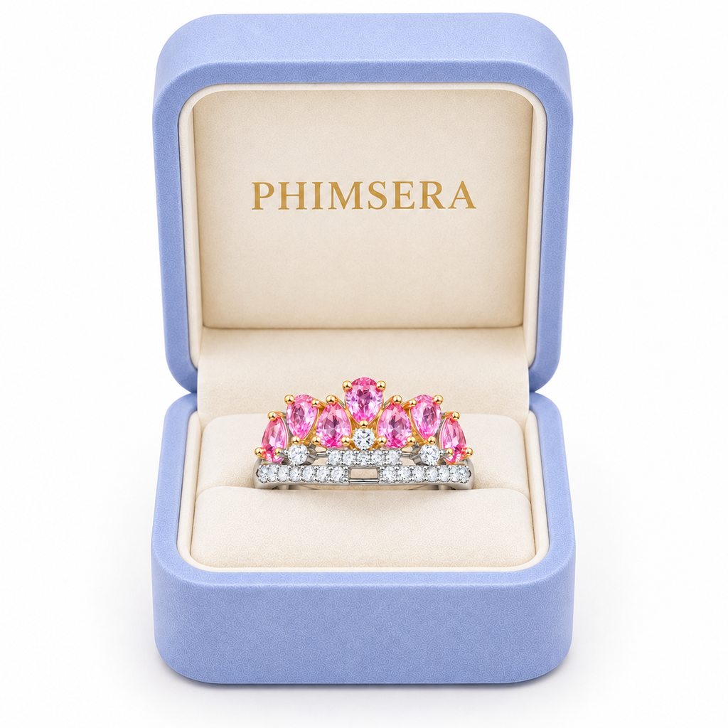 3x4mm pink sapphire crown ring presented in a Phimsera jewelry gift box