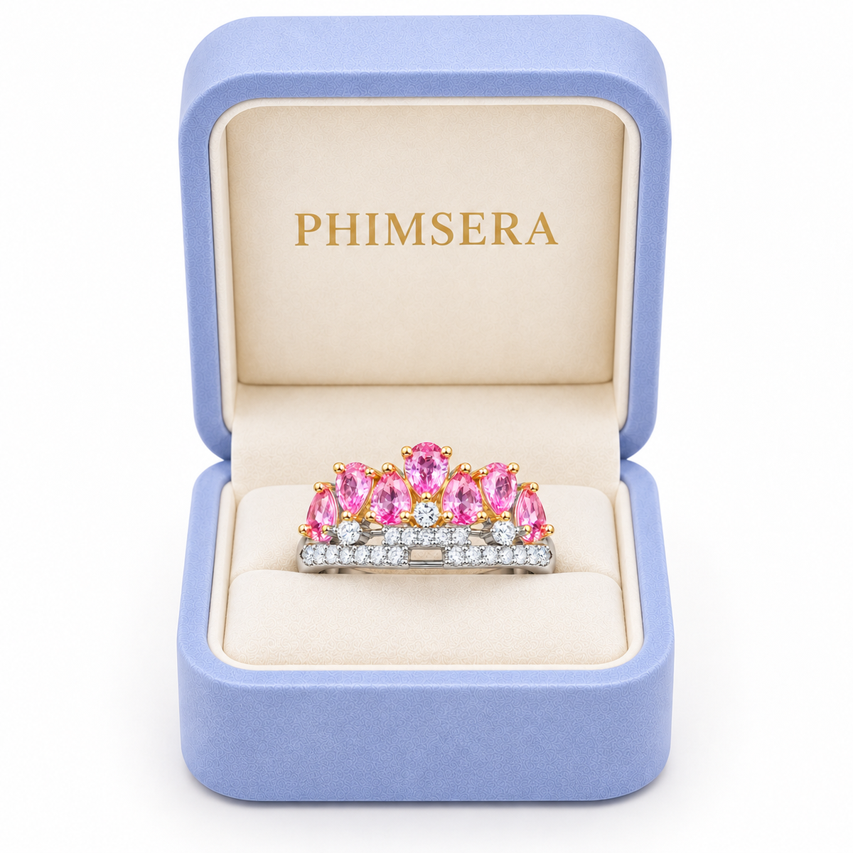 3x4mm pink sapphire crown ring presented in a Phimsera jewelry gift box