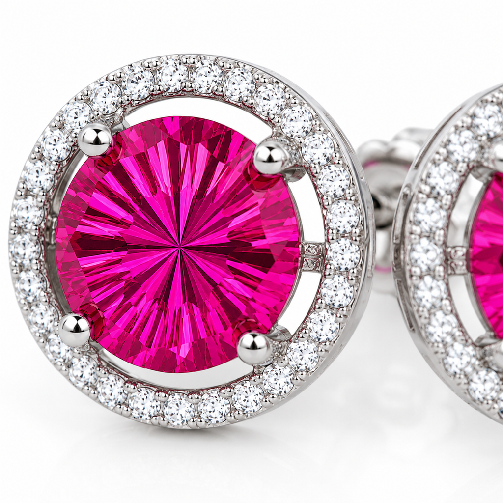 Close-up of natural 8mm pink topaz Firework Cut gemstone showing detailed radiating facets and depth