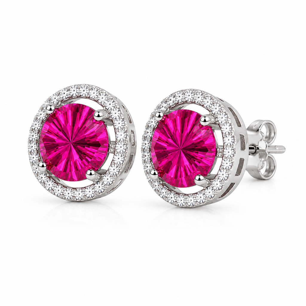 8mm natural pink topaz Firework Cut earrings shown from an angled view in sterling silver