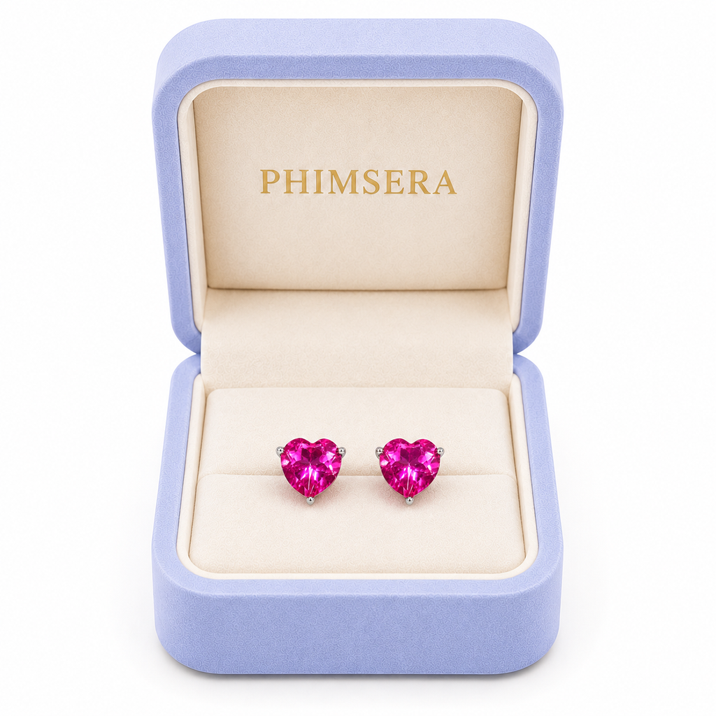 8mm natural pink topaz heart earrings displayed in Phimsera jewelry box