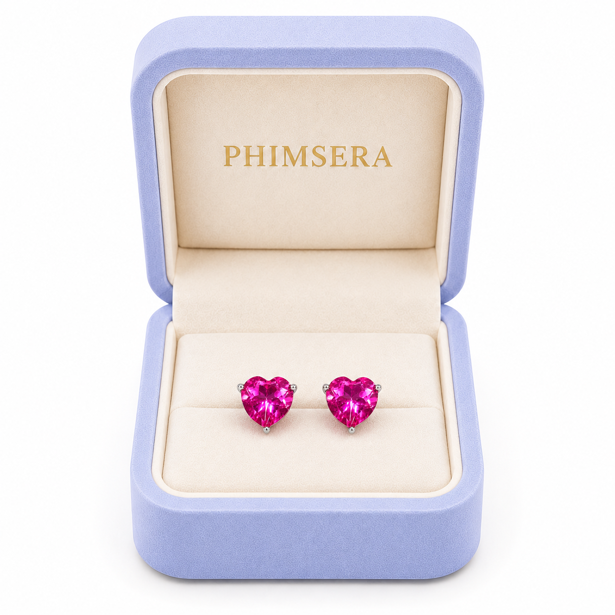 8mm natural pink topaz heart earrings displayed in Phimsera jewelry box