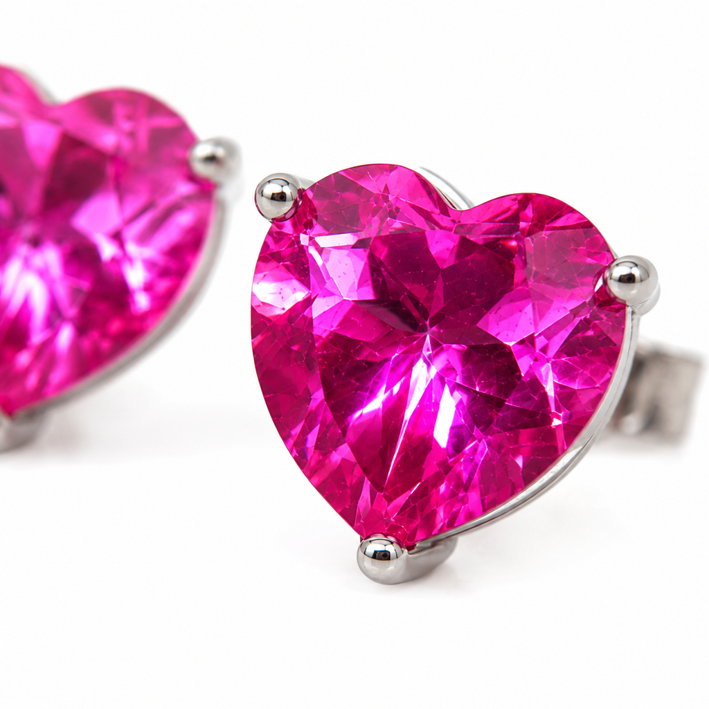 Close up of natural 8mm pink topaz heart gemstone earrings