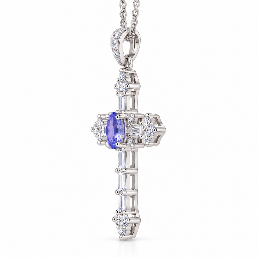Side profile of a purple tanzanite cross necklace showing the pendant setting, gemstone profile, and detailed 925 sterling silver construction.