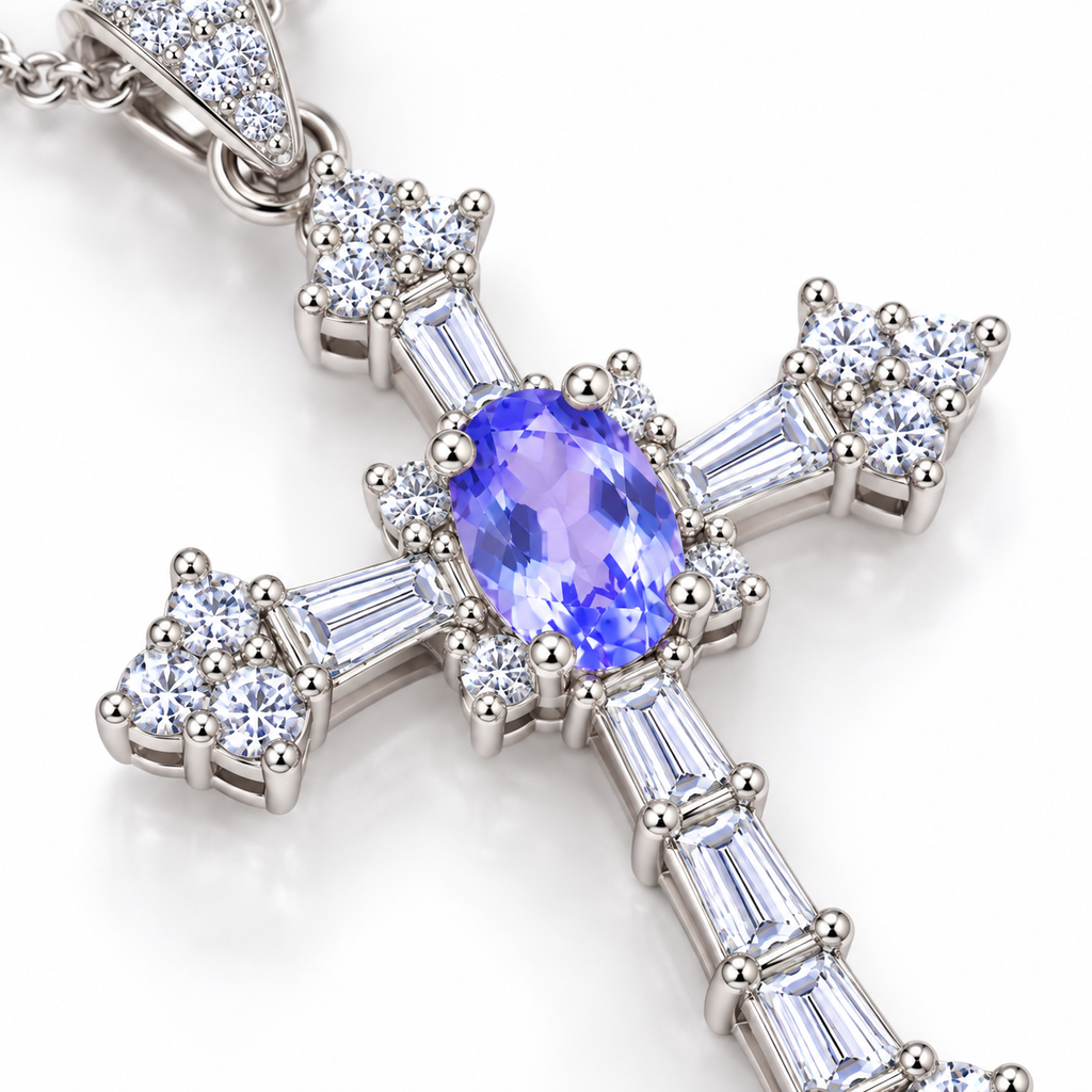 Close-up macro view of the 5×7mm purple tanzanite gemstone and detailed accent stones on the Phimsera cross pendant necklace.