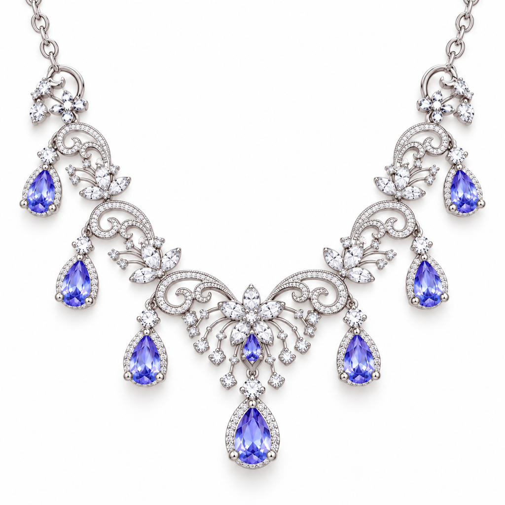 Top-down view of purple tanzanite gemstone necklace with floral scroll design and silver-toned detailing