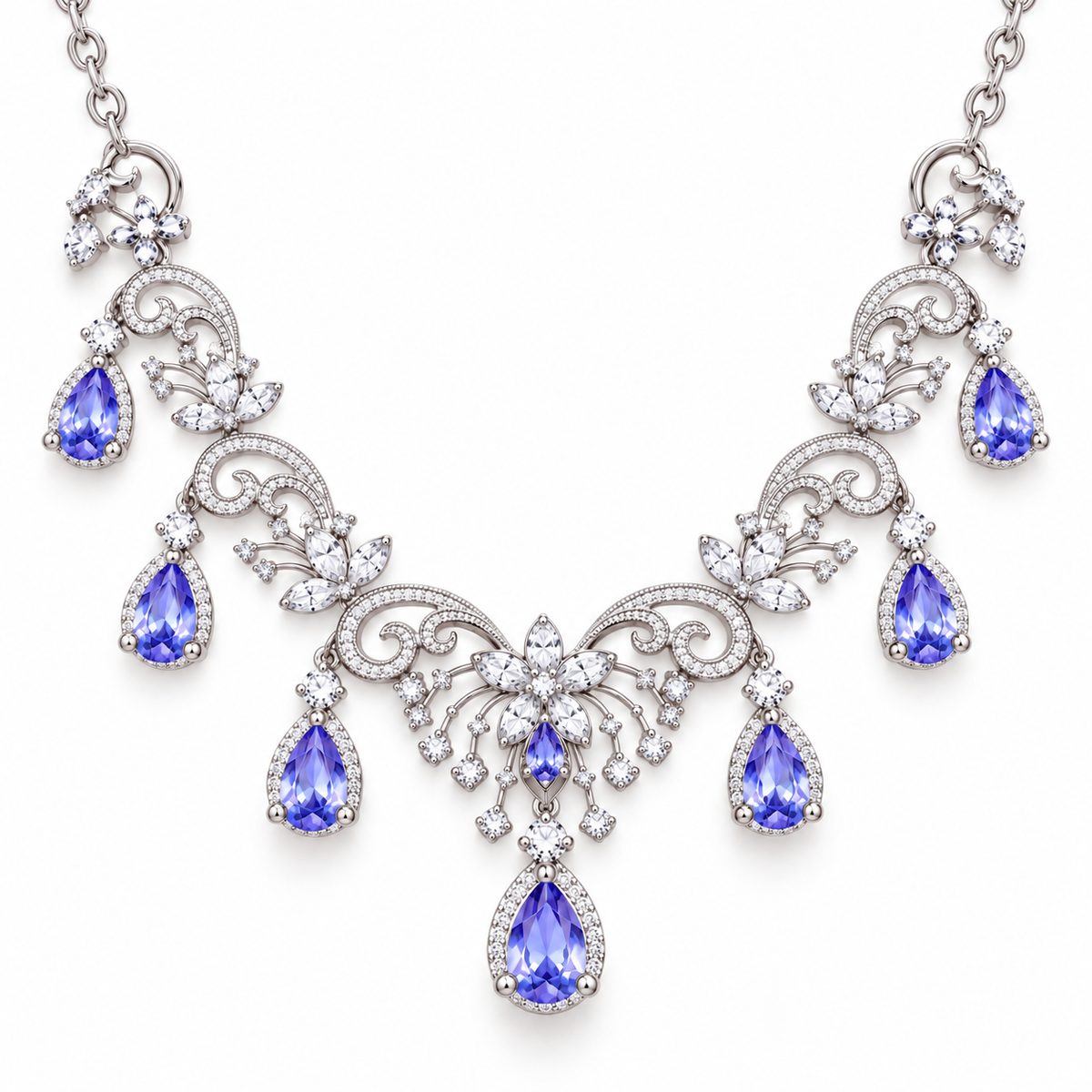 Top-down view of purple tanzanite gemstone necklace with floral scroll design and silver-toned detailing