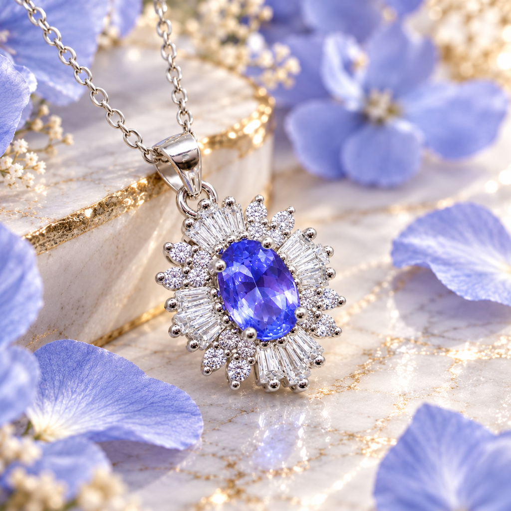 Phimsera purple tanzanite pendant necklace styled with soft periwinkle blue-purple petals, marble, and subtle gold undertones.