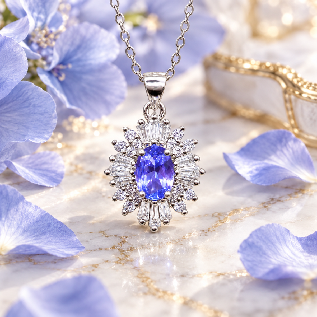 Phimsera purple tanzanite pendant necklace styled with soft periwinkle blue-purple petals, marble, and subtle gold undertones.
