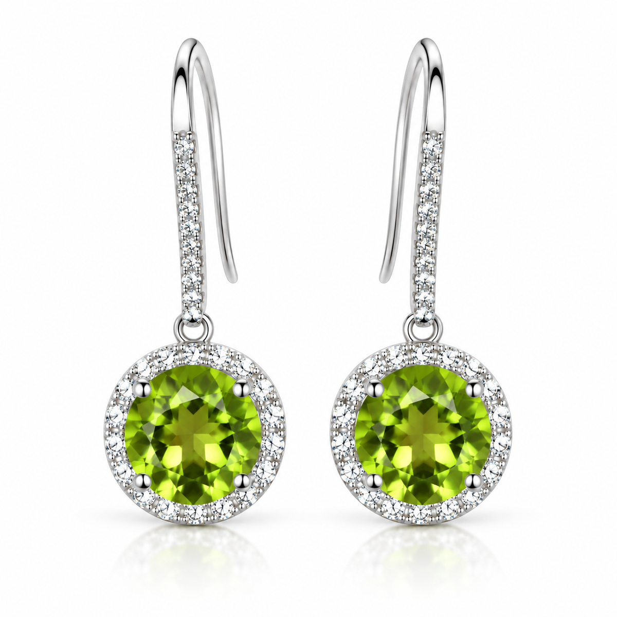 Natural 8mm round peridot drop earrings in 925 sterling silver with sparkling clear accent stones