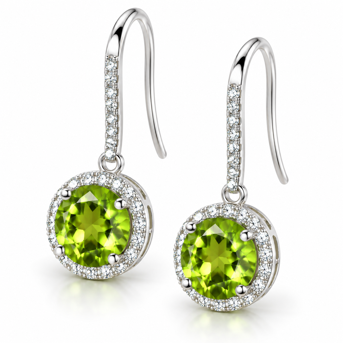 Natural 8mm round peridot earrings with elegant hook ear wires and gemstone halo