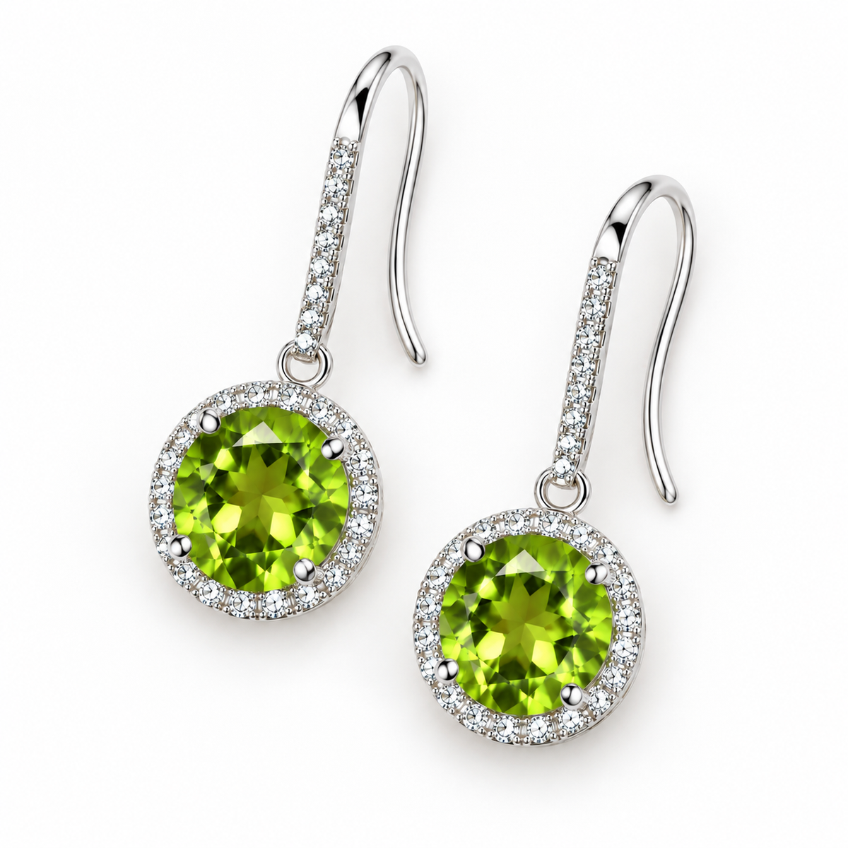 Natural 8mm round peridot drop earrings shown from an angled view