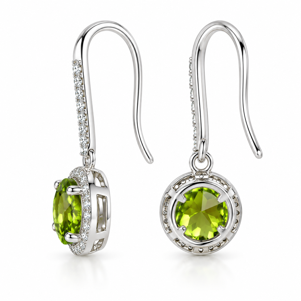 Side and rear view of natural 8mm peridot drop earrings showing hook and gemstone settings