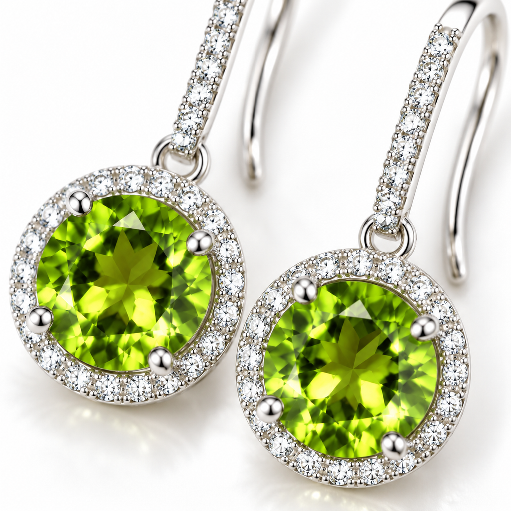 Close-up of natural 8mm round peridot gemstones with faceted green color and sparkling accent stones