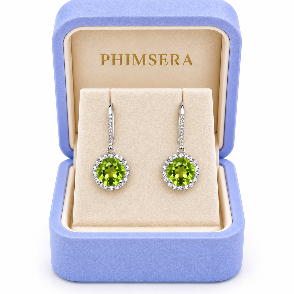 Phimsera natural 8mm peridot earrings presented in a jewelry gift box