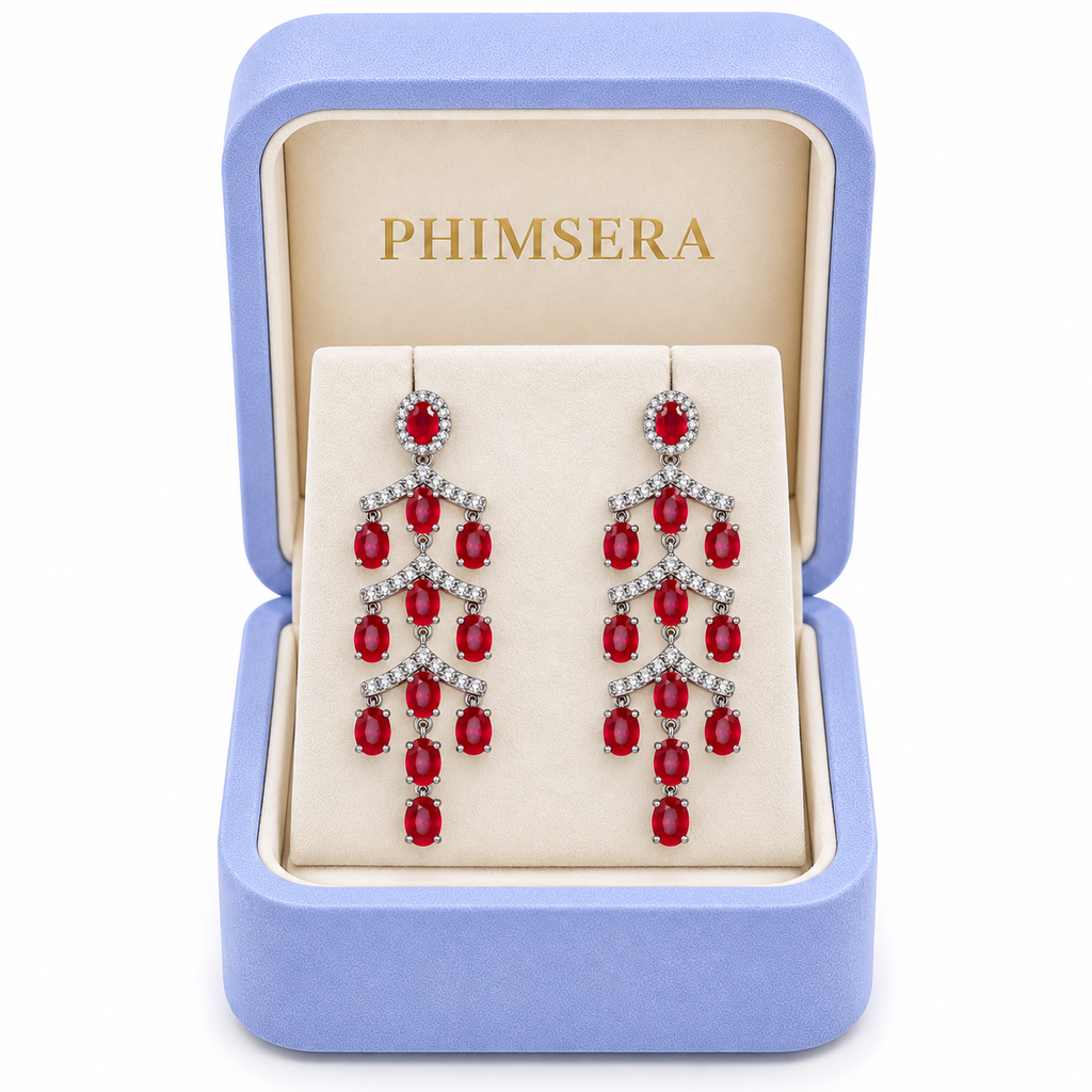 Phimsera natural ruby chandelier earrings presented in a jewelry box with a refined presentation for gifting.