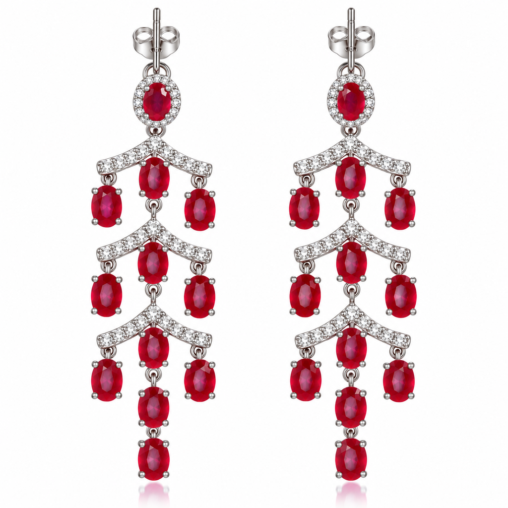 Phimsera natural ruby chandelier earrings with 3x4mm gemstones over a white background.